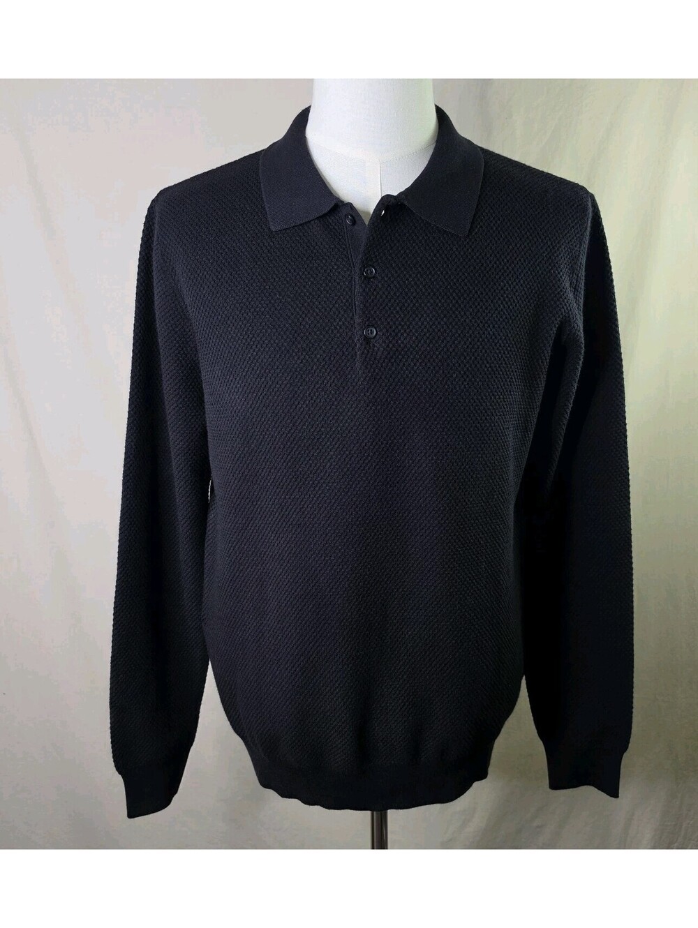 Icon Amsterdam Fabio Polo L Black Waffle Knit Long Sleeve NWT